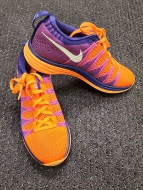 Nike Women’s FlyKnit Lunar 2 Orange & Purple Knit Running Shoes O2